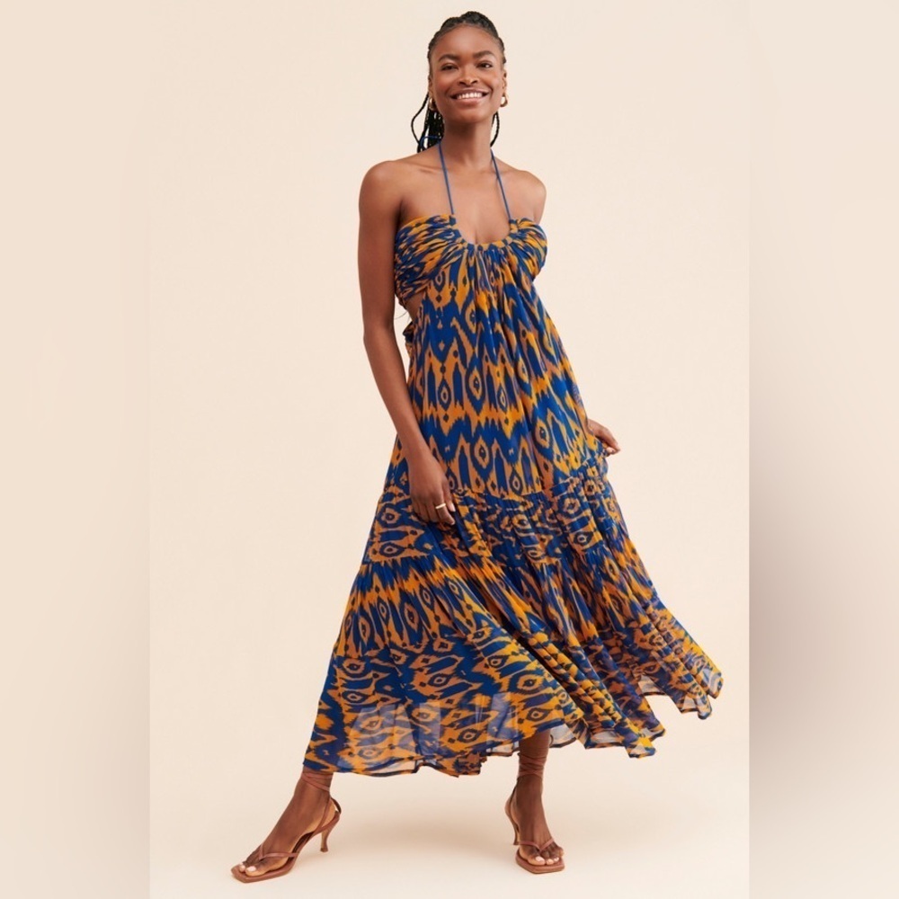 Anthropologie Blue and Mustard Ikat Maxi Dress
